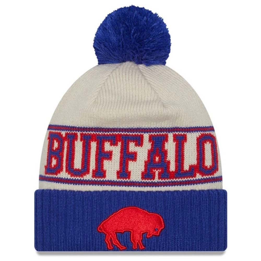 Men's New Era Blue Buffalo Bills 2023 Sideline Historic Pom Cuffed Knit Football